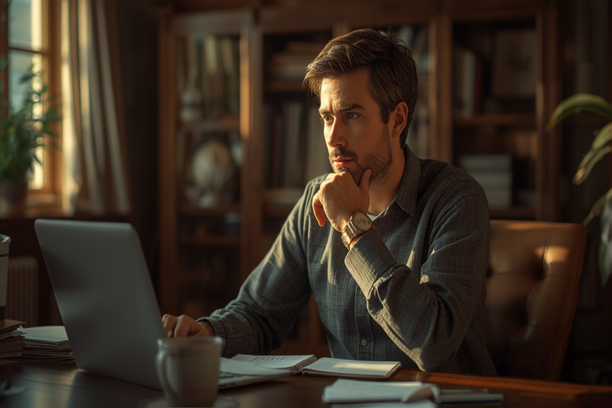A small business owner pausing thoughtfully at a desk before responding to a request, weighing whether to say yes or no