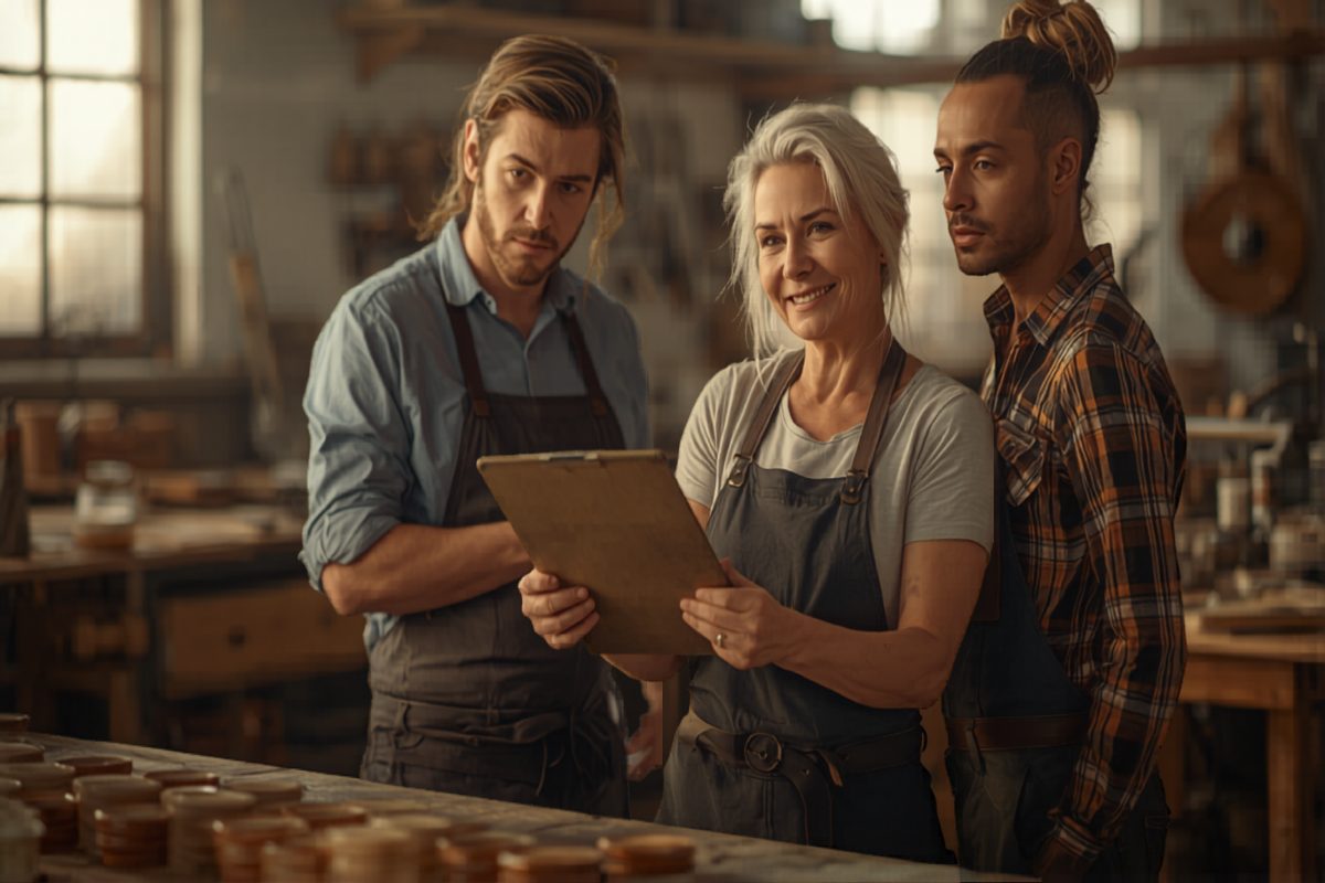 Small business owner walking a growing team through a quality checklist at a workbench in warm afternoon window light