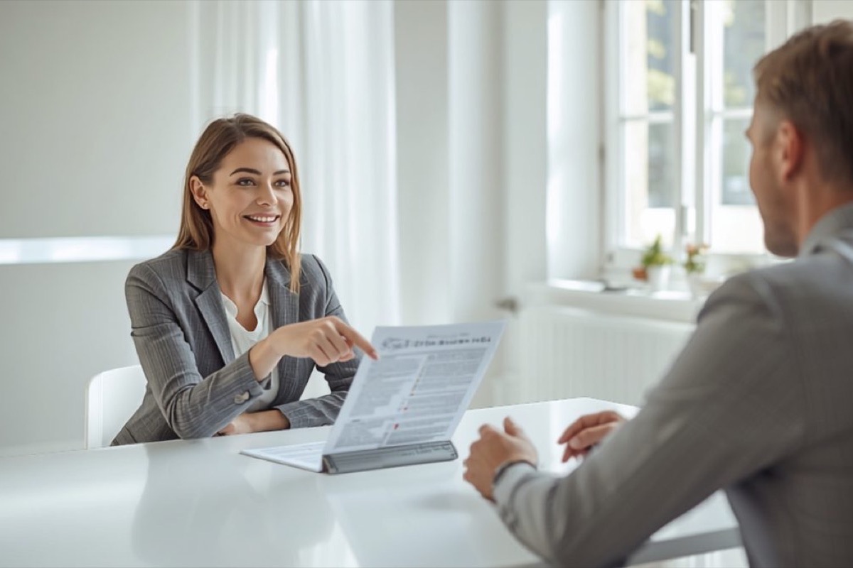 A confident smiling business owner walking a client through a one-page scope document across a white table in a bright sunlit office