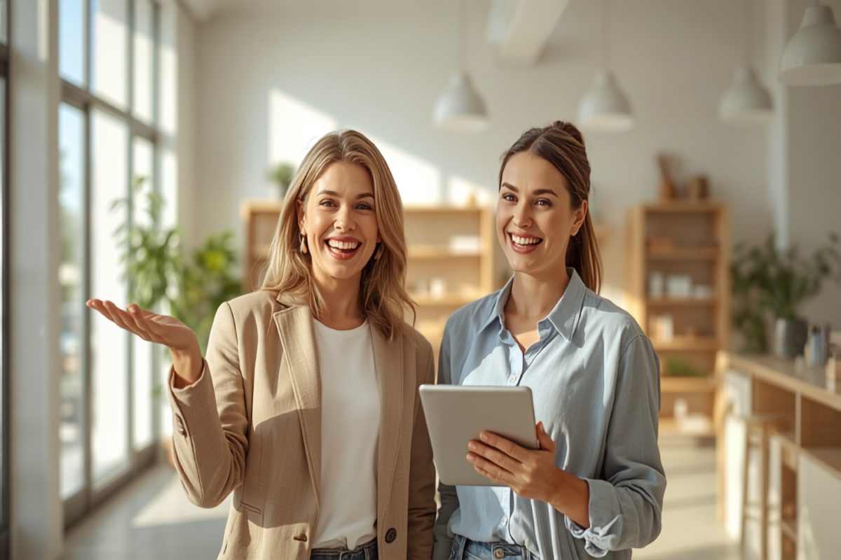 Two confident smiling business owners standing together in a bright sunlit second storefront, reviewing an opening checklist on a tablet and gesturing enthusiastically at the new space