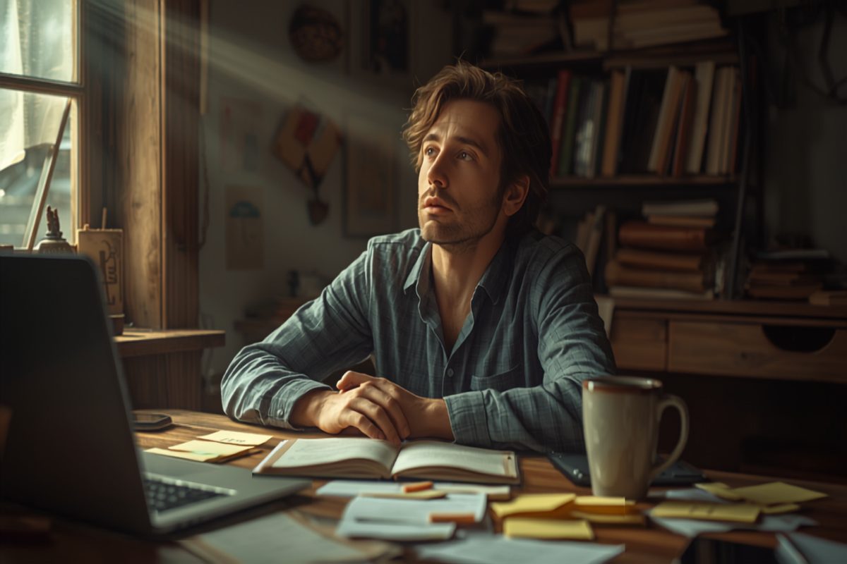 Small business owner sitting at a cluttered wooden desk in warm window light, surrounded by scattered sticky notes and an open notebook, looking up thoughtfully as he weighs which new idea to chase
