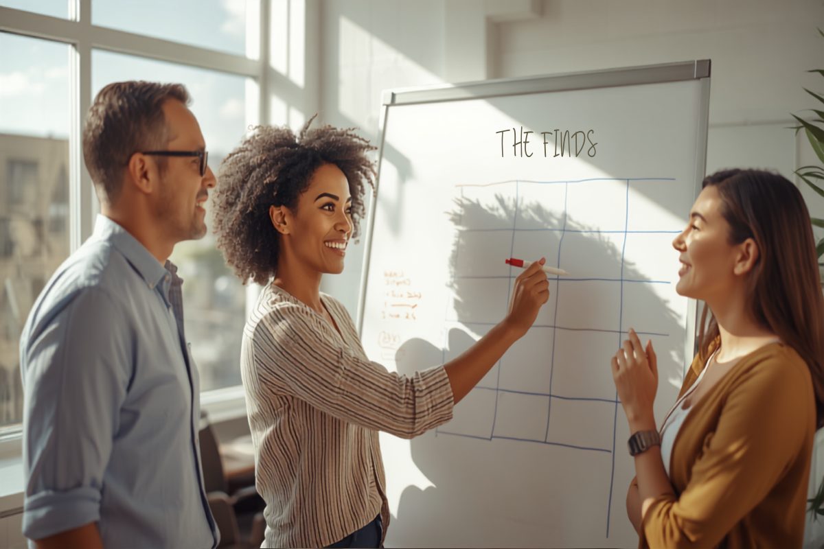 A confident smiling business owner mapping a twelve-month calendar on a whiteboard while two engaged colleagues discuss the plan in a bright sunlit office