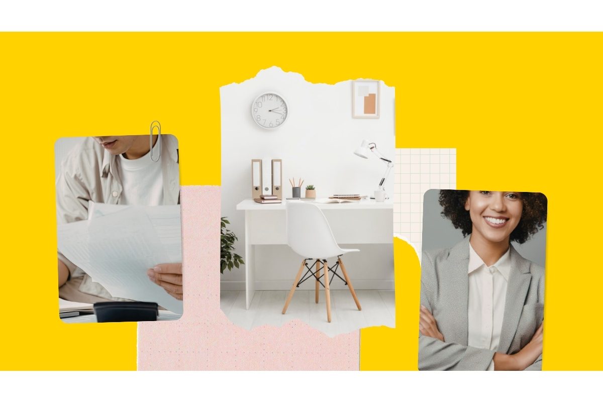Small business owner at a desk reviewing a whiteboard covered in notes and business goals