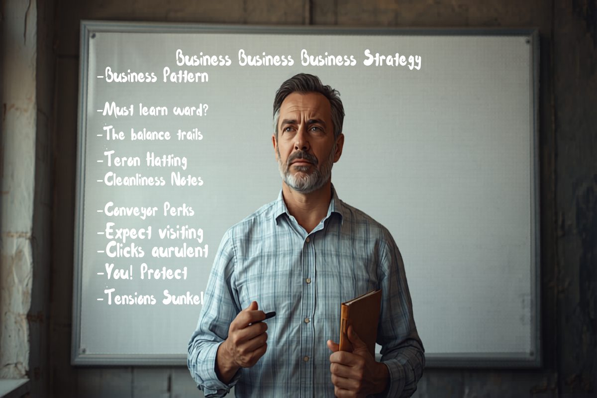 Small business owner standing in front of a whiteboard covered in business strategy notes with several items crossed out, holding a marker and notebook in warm afternoon window light