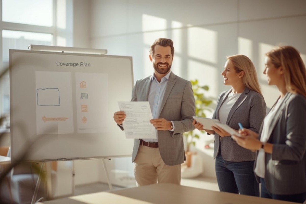 A confident smiling business owner handing a written coverage plan to two engaged colleagues at a whiteboard in a bright sunlit office
