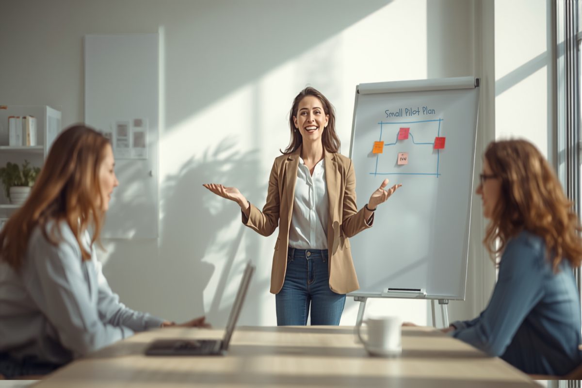 A confident smiling business owner presenting a small pilot plan at a whiteboard to two engaged colleagues in a bright sunlit office
