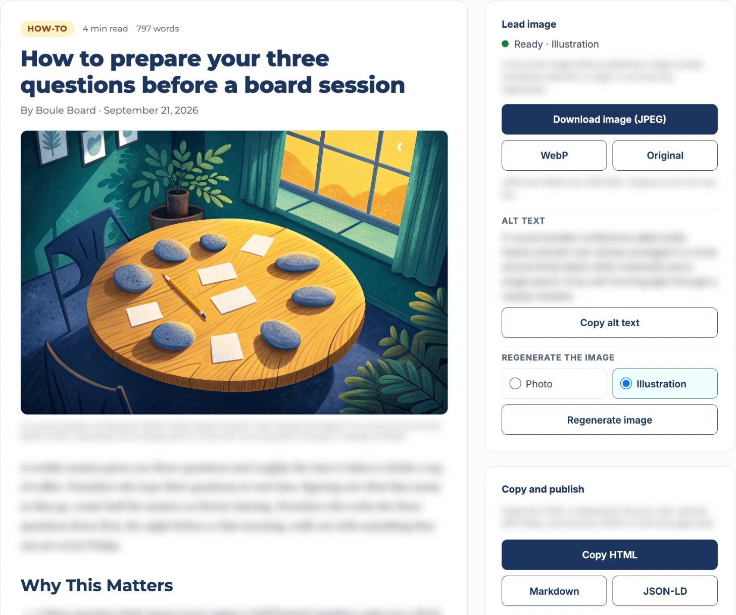 Content Studio post in Boule Board: title, illustrated lead image, image downloads, alt text, and Copy HTML, Markdown, and JSON-LD buttons