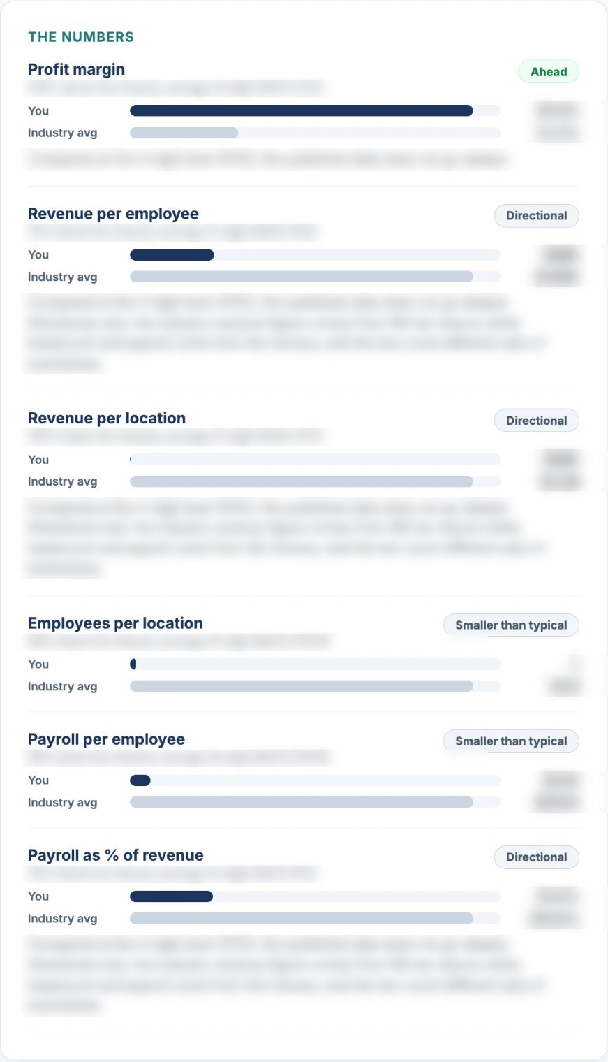 Industry Benchmark report in Boule Board: six metrics with You and Industry average bars, marked Ahead, Directional, or Smaller than typical